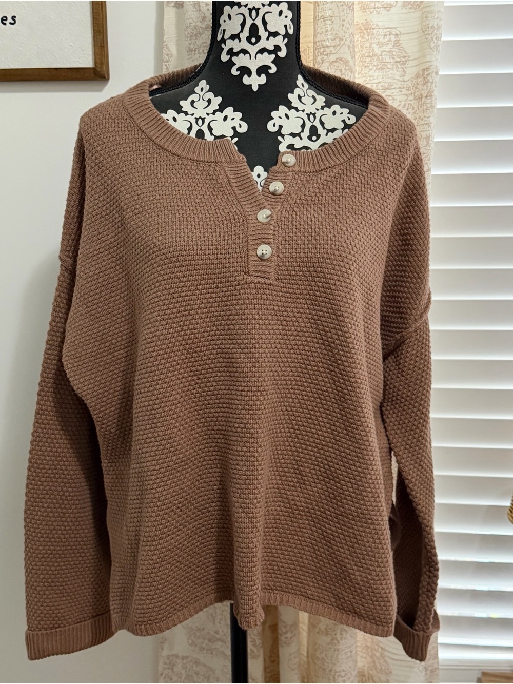 Sincerely Jules Cozy Waffle Knit Button Henley Top - Brown